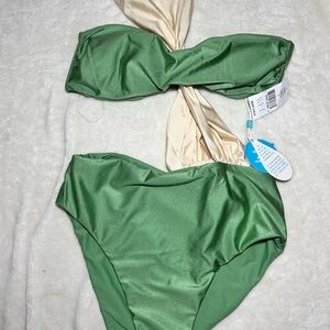 Two-Tone Green & Cream Twist One-Piece Swimsuit – Bandeau Style